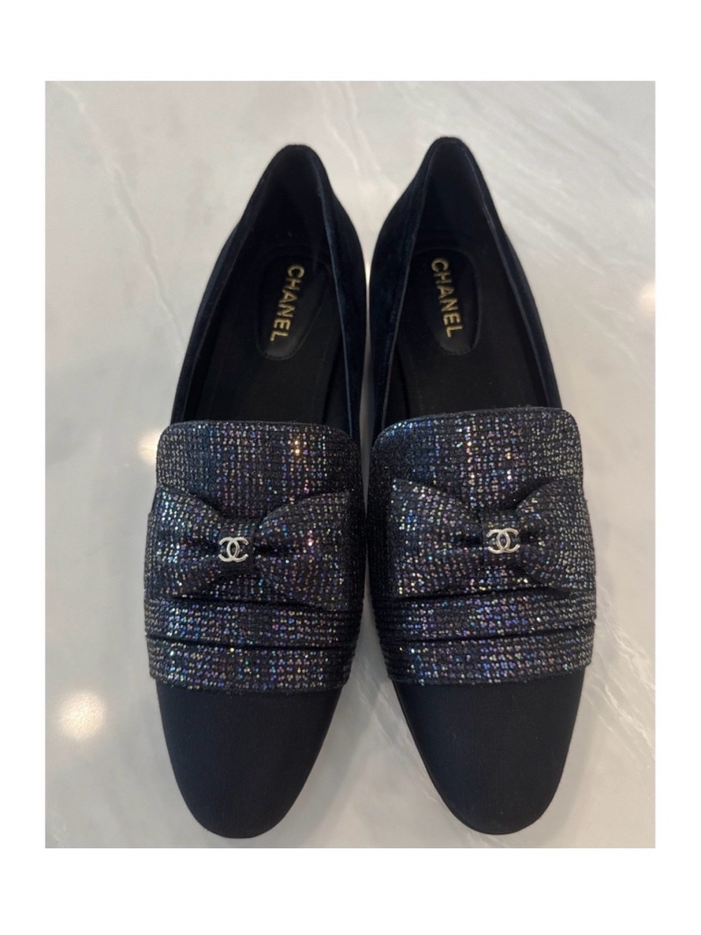 CHANEL Black Iridescent Bow Logo Flats -Moccasins LOAFERS